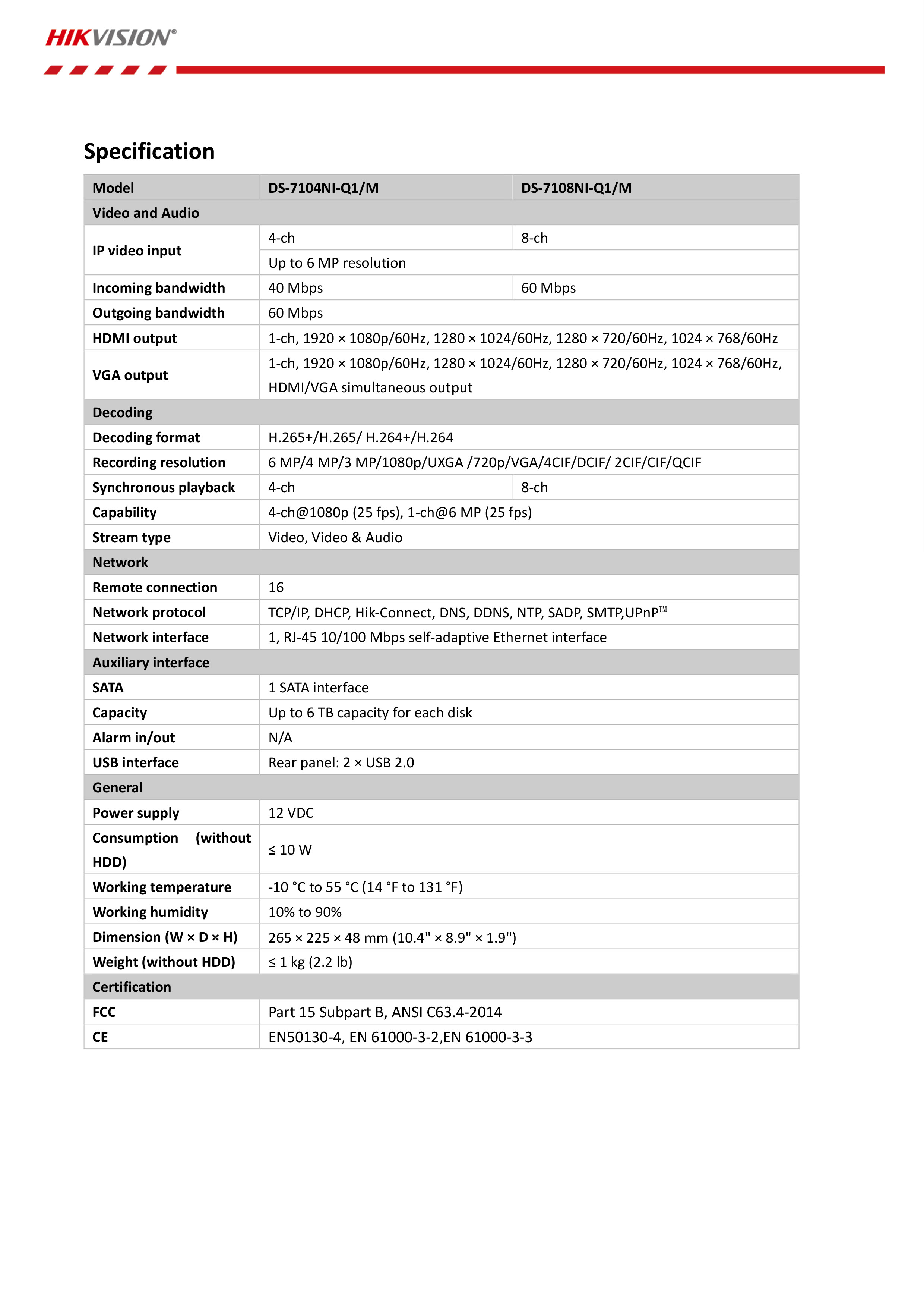 دستگاه ضبط کننده 8 کانال NVR هایک ویژن مدل DS-7108NI-Q1/M