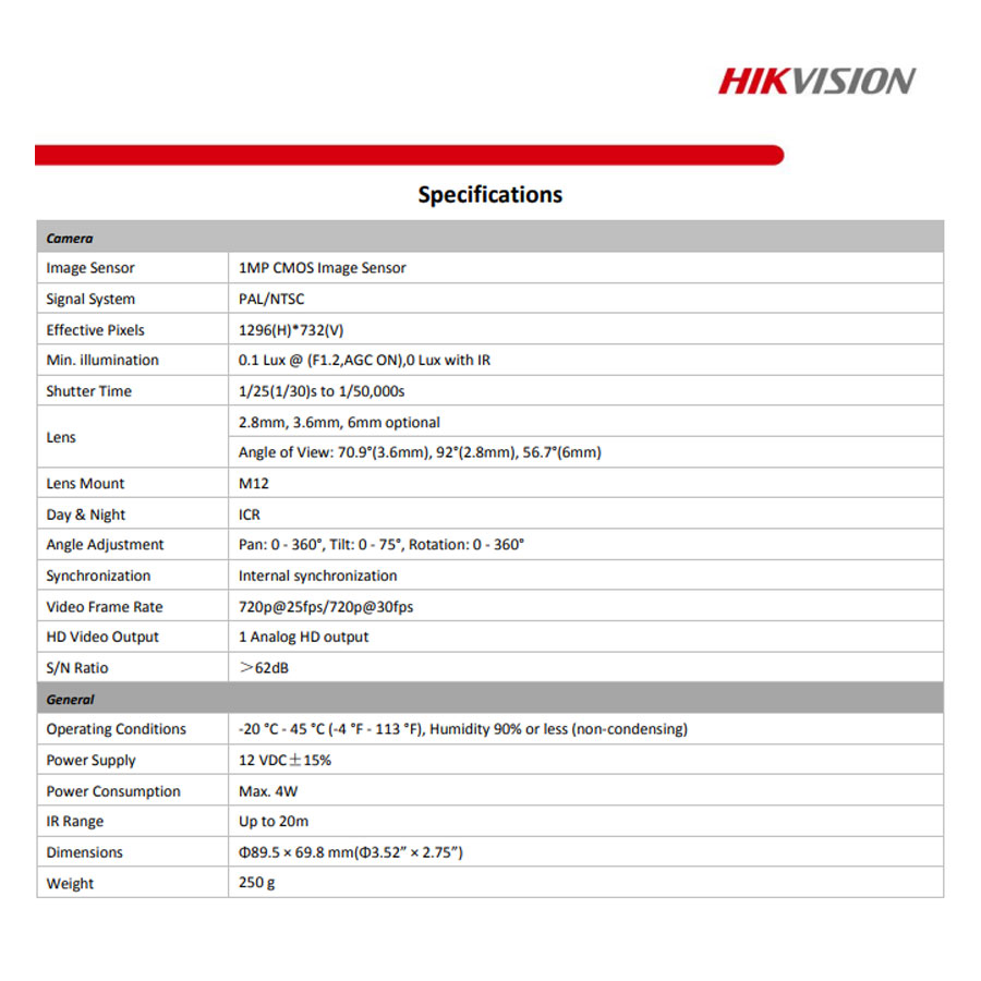 دوربين دام 1 مگاپیکسل هایک ویژن مدل DS-2CE56C0T-IRP