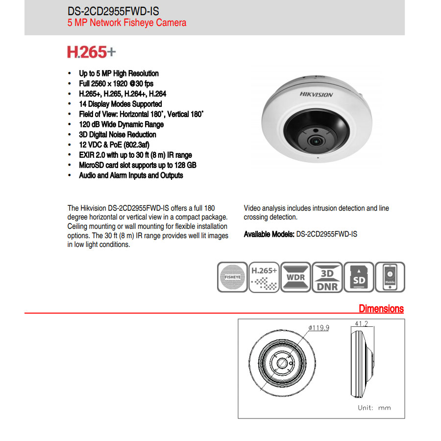 دوربین دام 5 مگاپیکسل Fisheye هایک ویژن مدل DS-2CD2955FWD-IS