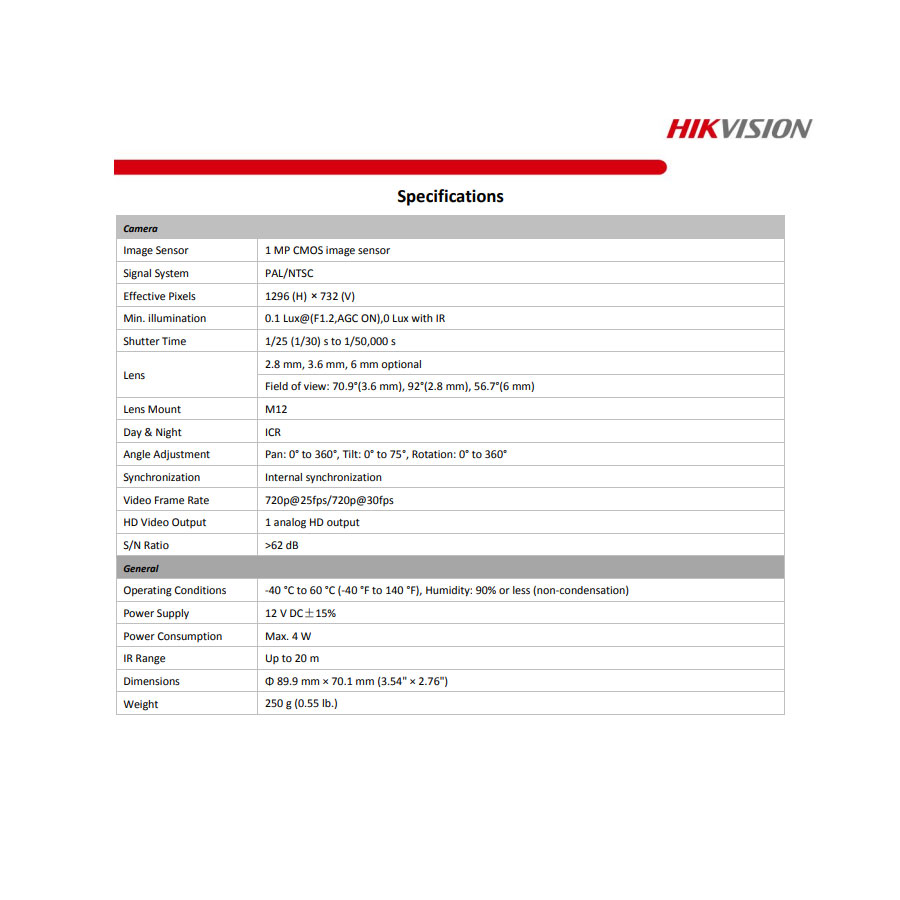 دوربين دام 1 مگاپیکسل هایک ویژن مدل DS-2CE56C0T-IRPF