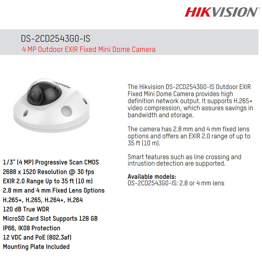 دوربین مینی دام 4 مگاپیکسل هایک ویژن مدل DS-2CD2543G0-IS