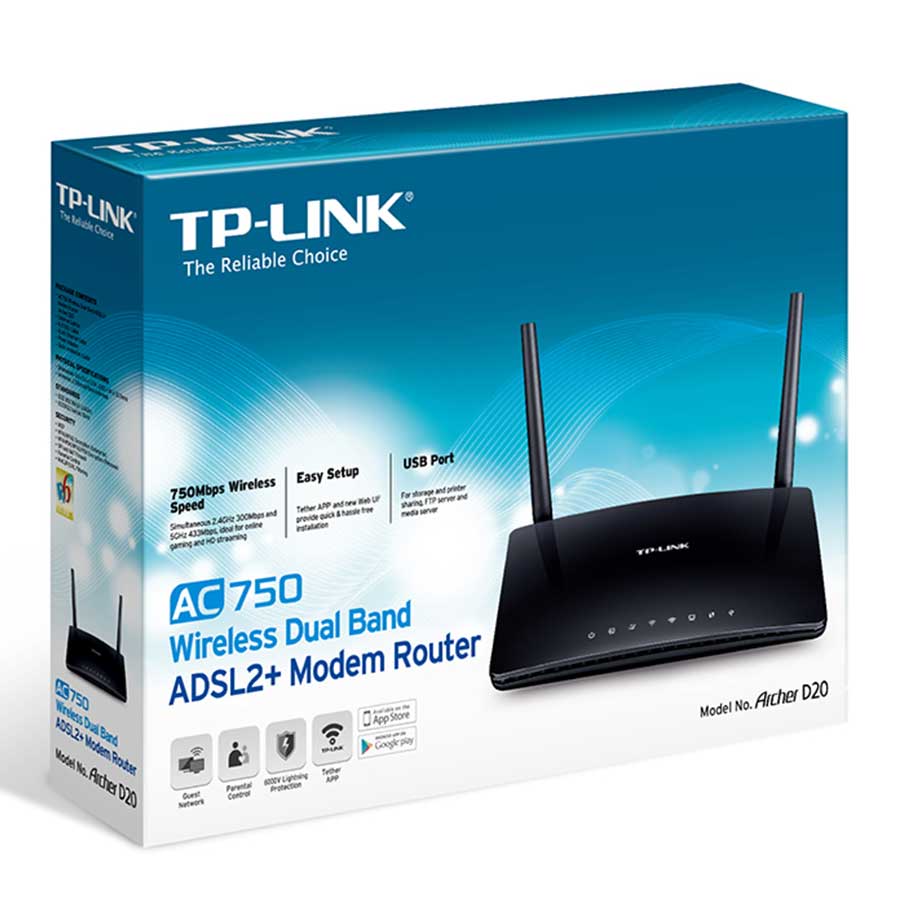 مودم روتر +ADSL2 بيسيم AC750 تی پی لينک مدل Archer D20