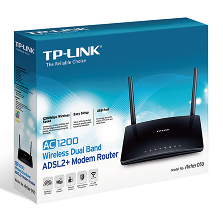 مودم روتر +ADSL2 بی‌سیم و دوباند AC1200 تی پی لینک مدل Archer D50