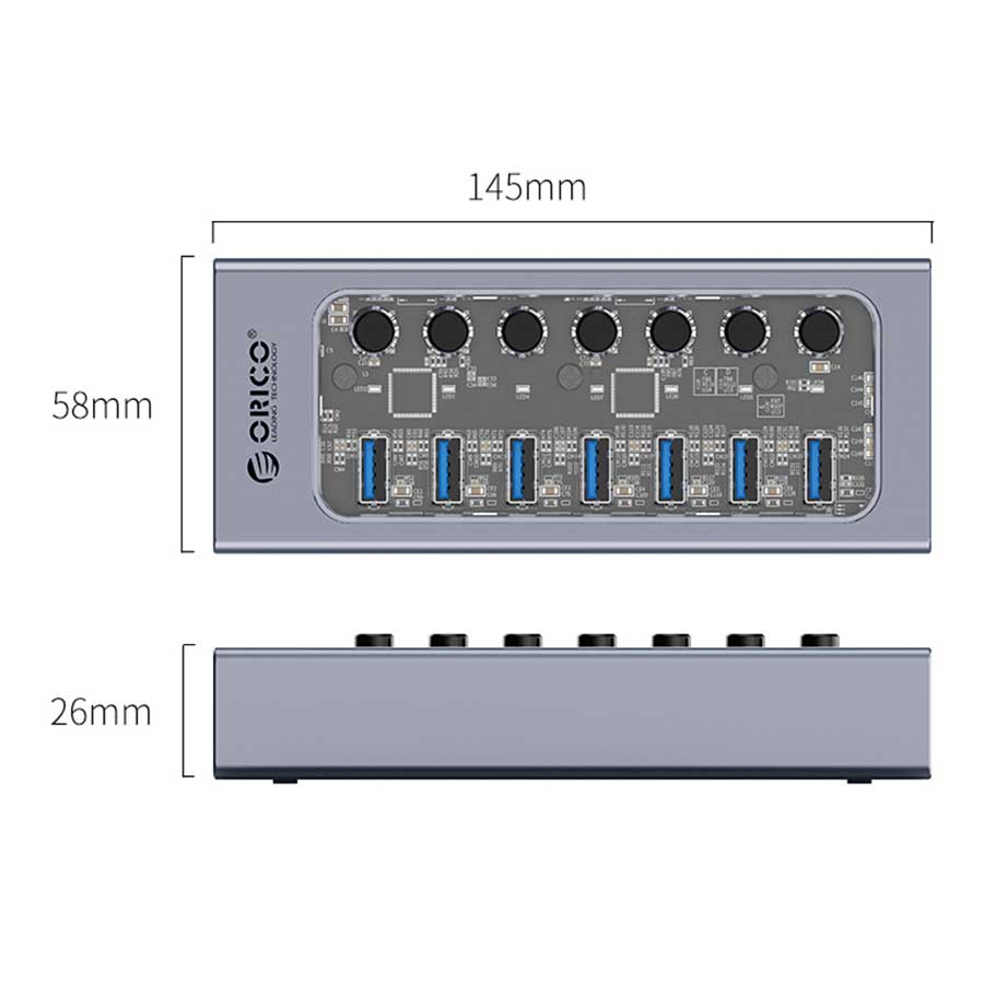 هاب USB 3.0 هفت پورت اوریکو مدل AT2U3-7AB-EU-GY-BP