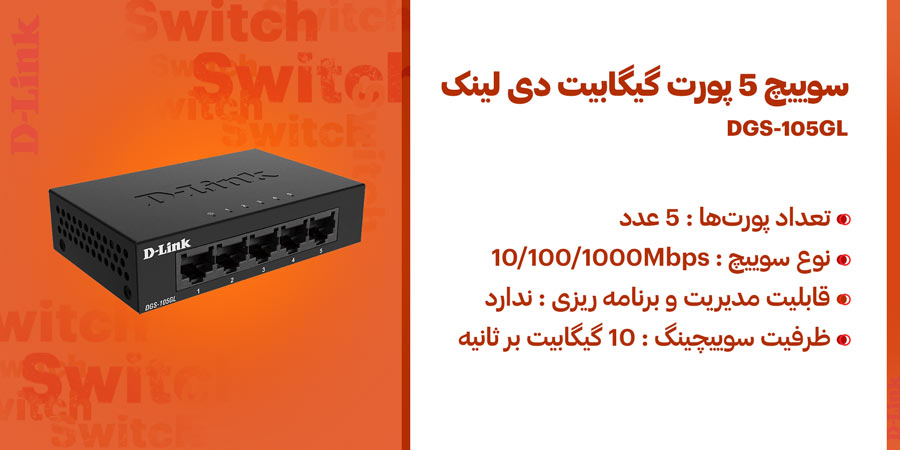 سوییچ 5 پورت گیگابیت دی لینک DGS-105GL با ظرفیت سوئیچینگ 10 گیگابیت بر ثانیه و توان مصرفی 3.55 وات