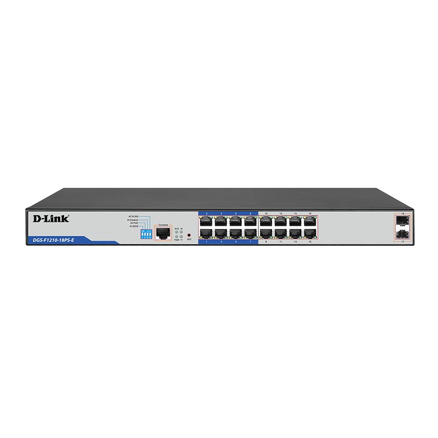 سوییچ 18 پورت گیگابیت و مدیریتی PoE دی لینک مدل DGS-F1210-18PS-E