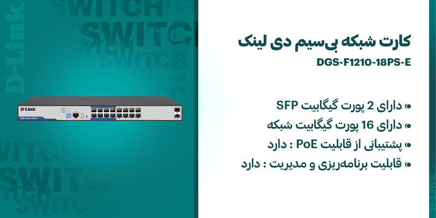 سوییچ 16 پورت گیگابیت و مدیریتی PoE دی لینک مدل DGS-F1210-18PS-E