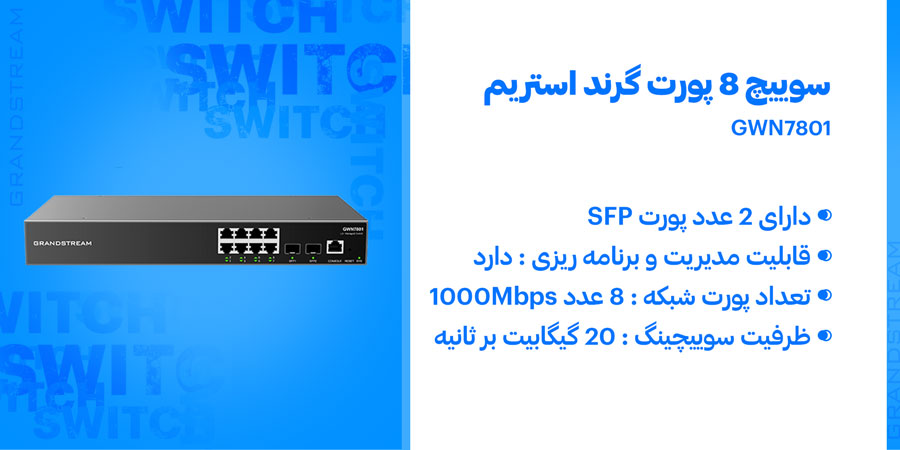 سوييچ 8 پورت گیگابیت و مدیریتی گرند استریم مدل GWN7801
