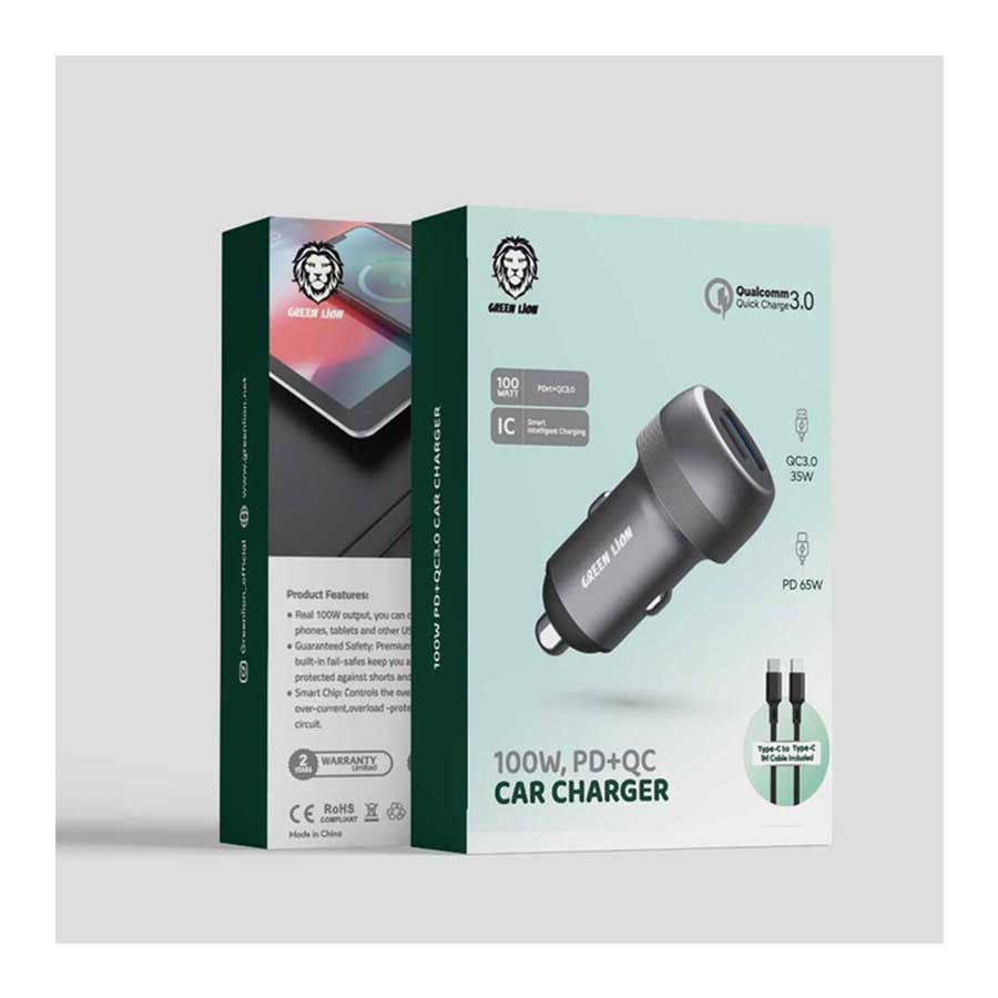 شارژر فندکی 2 پورت گرین لاین مدل GN100WPDQTCGY 100W
