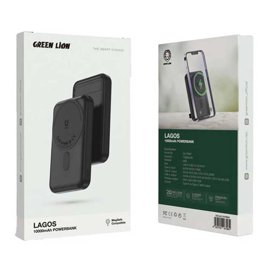 پاوربانک بی‌سیم گرین لاین مدل Lagos GNLAG10KPBBK 15W ظرفیت 10000mAH