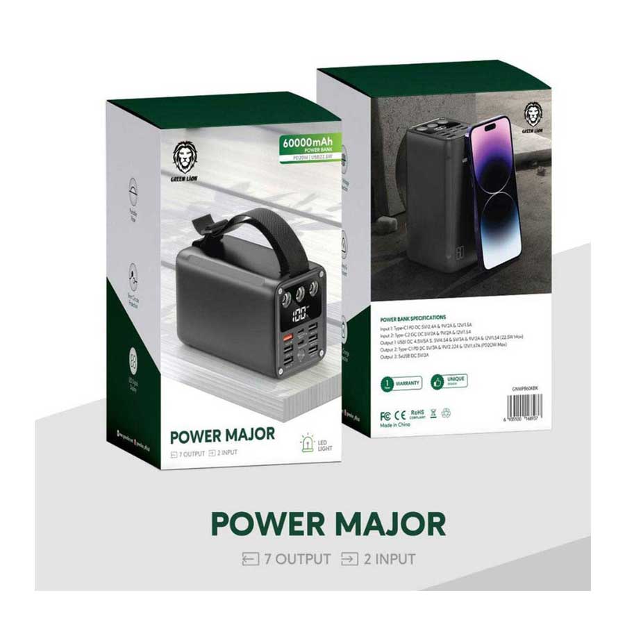 پاوربانک گرین لاین مدل Major GNMPB60KBK 22.5W ظرفیت 60000mAh