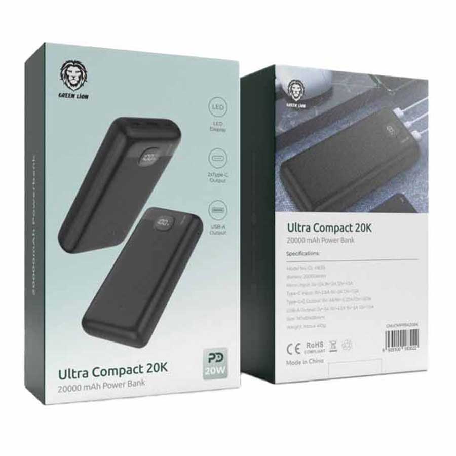 پاوربانک گرین لاین مدل Ultra Compact GNUCMPPBK20BK 20W ظرفیت 20000mAh