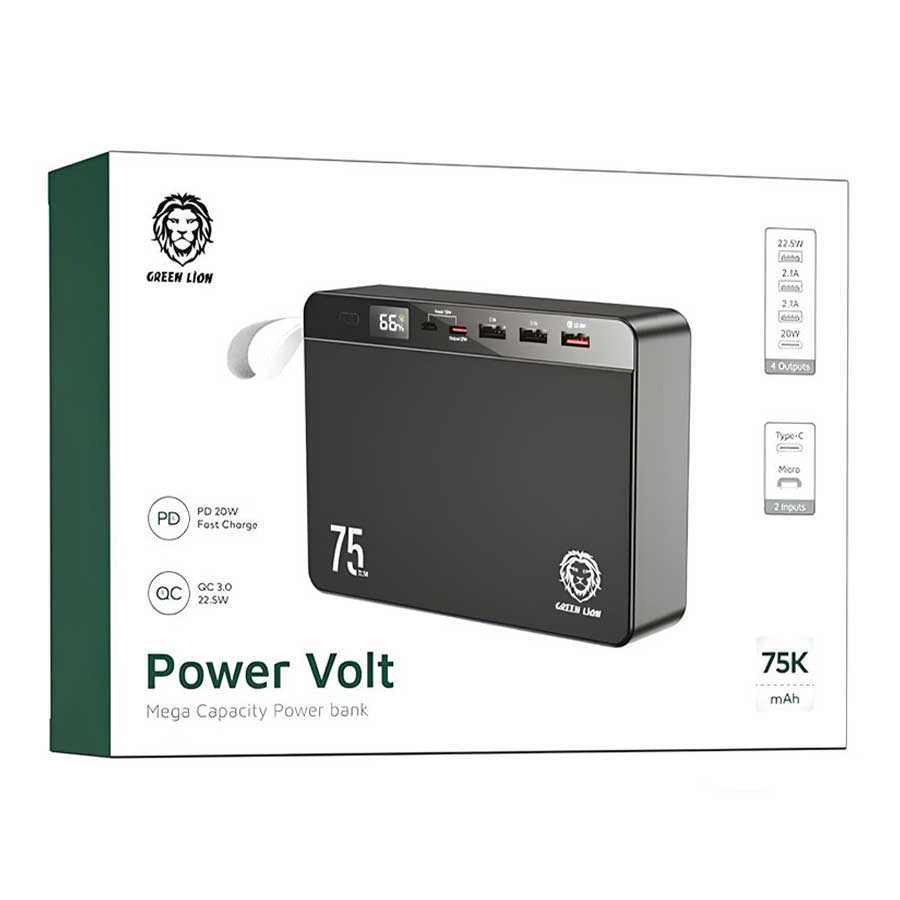 پاوربانک گرین لاین مدل Volt Mega Capacity 22.5W ظرفیت 75000mAh