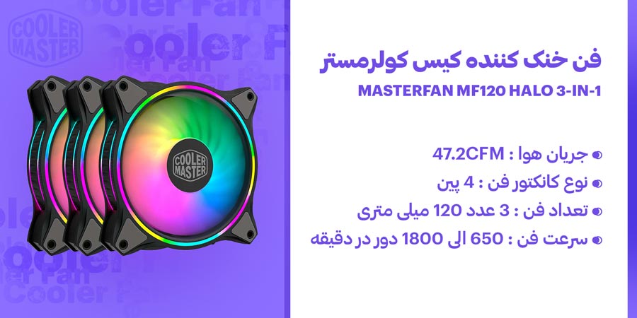 فن خنک کننده کیس گیمینگ ARGB و PWM کولرمستر مدل MASTERFAN MF120 HALO 3-IN-1