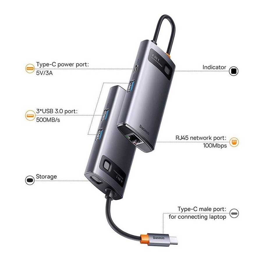 هاب USB-C چهار پورت باسئوس مدل Metal Gleam WKWG070113