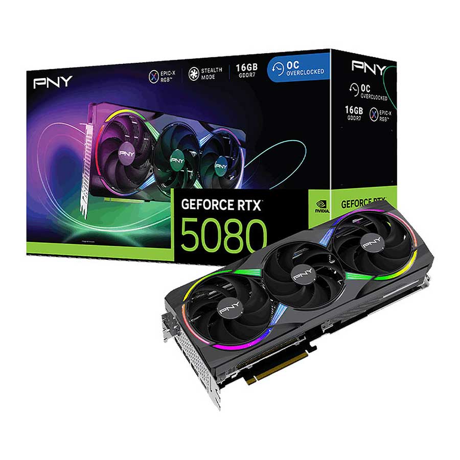کارت گرافیک پی ان وای مدل GeForce RTX 5080 ARGB EPIC-X RGB OC Triple Fan 16GB GDDR7