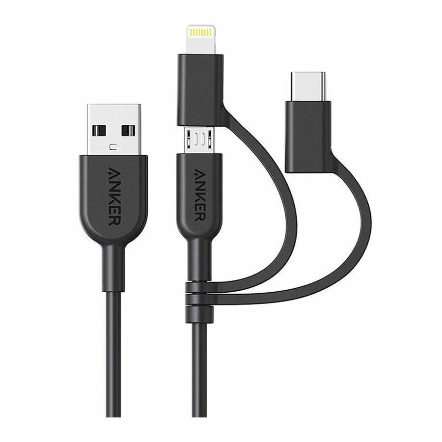 کابل تبدیل 0.9 متری USB به USB-C/microUSB/لایتنینگ انکر مدل Powerline II A8436