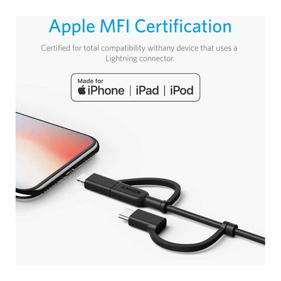 کابل تبدیل 0.9 متری USB به USB-C/microUSB/لایتنینگ انکر مدل Powerline II A8436