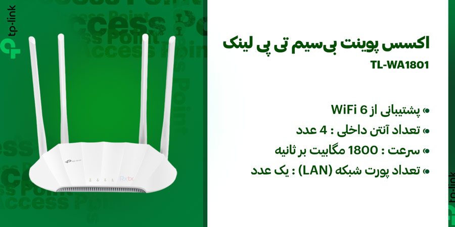اکسس پوینت بی‌سیم خانگی و اداری WiFi-6 تی‌ پی لینک مدل TL-WA1801